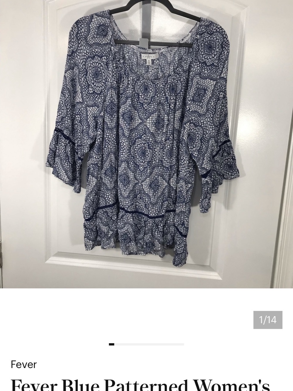 Fever Blue Patterned Women's Peasant Blouse Size 1X